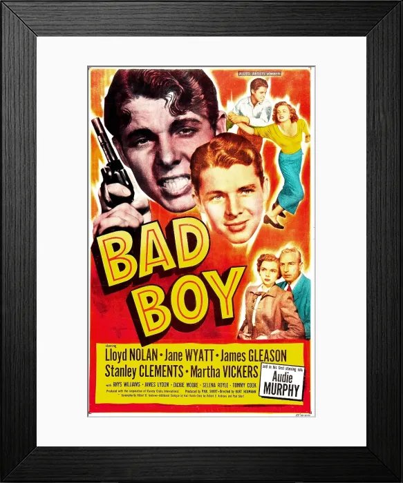 Framed Print : BAD BOY, US poster, center: Audie Murphy, top right from left: Audie Murphy, Martha Vickers, bottom right from left: Jane Wyatt, Lloyd Nolan, 1949 Framed Print : BAD BOY, US poster, center: Audie Murphy, top right from left: Audie Murphy, Martha Vickers, bottom right from left: Jane Wyatt, Lloyd Nolan, 1949