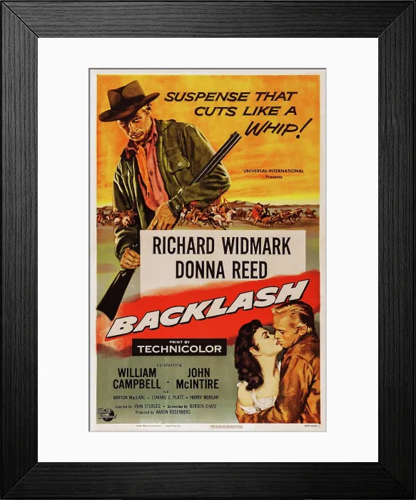 Framed Print : BACKLASH, top: Richard Widmark, bottom l-r: Donna Reed, Richard Widmark on poster art, 1956 Framed Print : BACKLASH, top: Richard Widmark, bottom l-r: Donna Reed, Richard Widmark on poster art, 1956