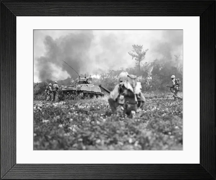 Framed Print : Marine riflemen moving up behind flame-throwing tank on Okinawa. Ca. May 1945. World War 2. (BSLOC_2013_13_106) Framed Print : Marine riflemen moving up behind flame-throwing tank on Okinawa. Ca. May 1945. World War 2. (BSLOC_2013_13_106)
