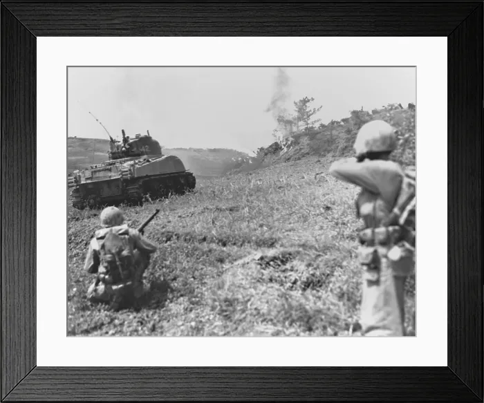 Framed Print : Flame throwing Marine tank and riflemen moving up to the front line action on southern Okinawa. May 11, 1945 Framed Print : Flame throwing Marine tank and riflemen moving up to the front line action on southern Okinawa. May 11, 1945