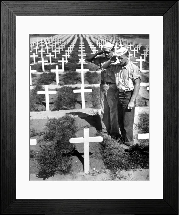 Framed Print : Two Coast Guardsmen salute the grave of a fellow serviceman killed action in the Ryukyu Islands. Ca. 1945. Pacific Ocean, World War 2. (BSLOC_2013_13_109)