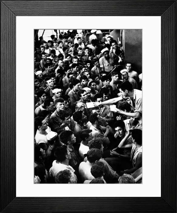 Framed Print : Coast Guardsmen gather as mail call takes place aboard a troop transport, ca. 1945. World War 2, Pacific Ocean. (BSLOC_2013_13_16)