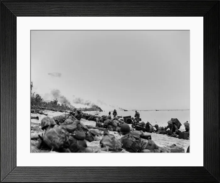 Framed Print : Marines pinned down by Japanese enemy mortar fire, as they hit Orange Beach 3 on Peleliu Island Framed Print : Marines pinned down by Japanese enemy mortar fire, as they hit Orange Beach 3 on Peleliu Island