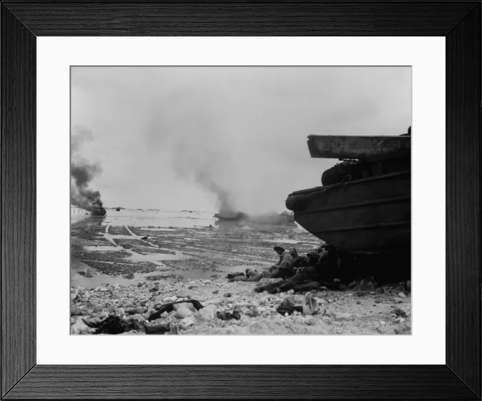 Framed Print : U.S. Marines take shelter as amphibious vehicles burn on the beach. Peleliu Island, Sept. 14, 1944, . World War 2, Pacific Ocean. (BSLOC_2013_13_21)