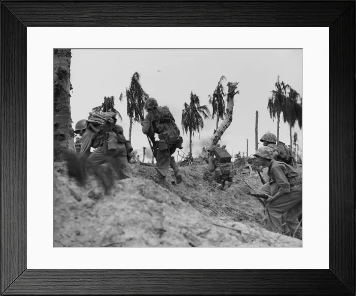 Framed Print : Marines crossing the beach and on the initial landing Ngedbus Island, just north of Peleliu. Ca. Sept. 29 - Oct. 1, 1944. World War 2, Pacific Ocean. (BSLOC_2013_13_22) Framed Print : Marines crossing the beach and on the initial landing Ngedbus Island, just north of Peleliu. Ca. Sept. 29 - Oct. 1, 1944. World War 2, Pacific Ocean. (BSLOC_2013_13_22)