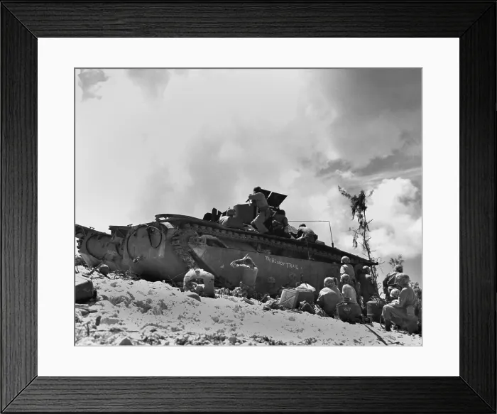 Framed Print : Marines fight from the shelter of an amphibious tractor on the beach at Peleliu, Sept. 14, 1944. Riflemen atop the vehicle fire at Japanese while their comrades get a breather Framed Print : Marines fight from the shelter of an amphibious tractor on the beach at Peleliu, Sept. 14, 1944. Riflemen atop the vehicle fire at Japanese while their comrades get a breather
