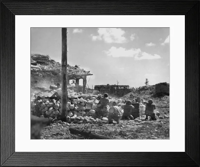 Framed Print : Marines of the First Division fire on Japanese snipers in a building on Peleliu Island. Sept.-Nov. 1944. World War 2, Pacific Ocean. (BSLOC_2013_13_25) Framed Print : Marines of the First Division fire on Japanese snipers in a building on Peleliu Island. Sept.-Nov. 1944. World War 2, Pacific Ocean. (BSLOC_2013_13_25)