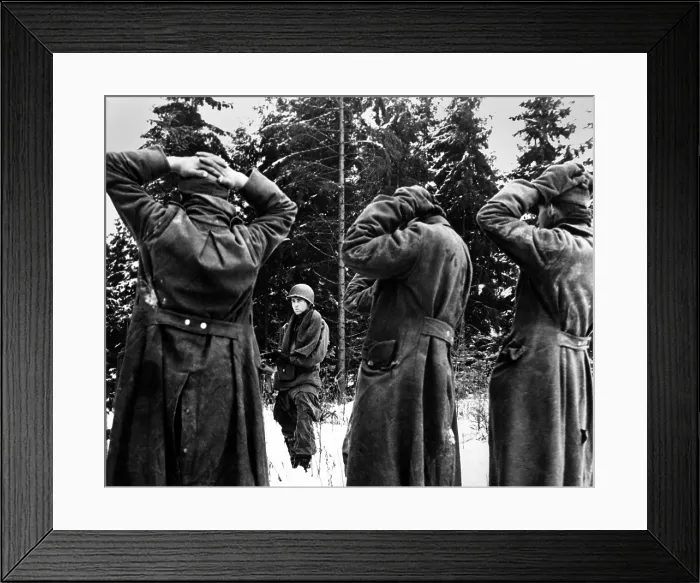 Framed Print : U.S. soldier guarding German POWs taken from Dec. 16, 1944 through Jan. 25, 1945. They were among 50, 000 Nazi prisoners taken in Dec. 1944 alone. The Battle of Bulge, World War 2