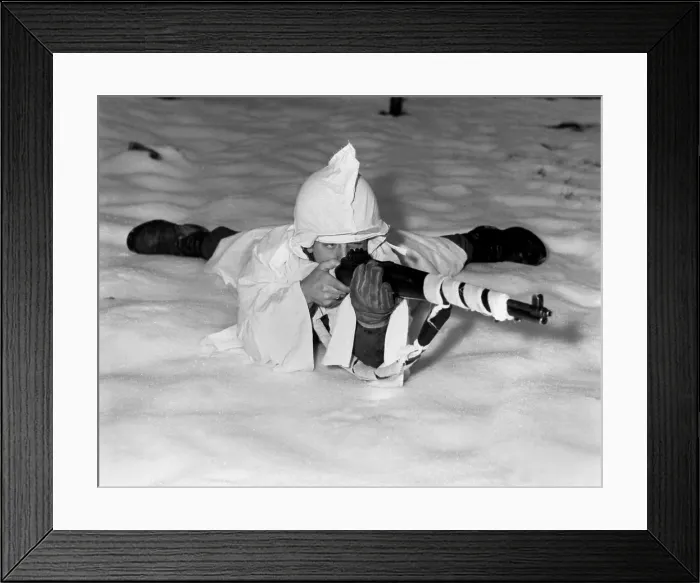 Framed Print : U.S. technical sergeant in the new snow cape used by infantrymen in snow-covered areas in Belgium. Dec. 12, 1944 through Jan.25, 1945. Battle of the Bulge, World War 2 Framed Print : U.S. technical sergeant in the new snow cape used by infantrymen in snow-covered areas in Belgium. Dec. 12, 1944 through Jan.25, 1945. Battle of the Bulge, World War 2