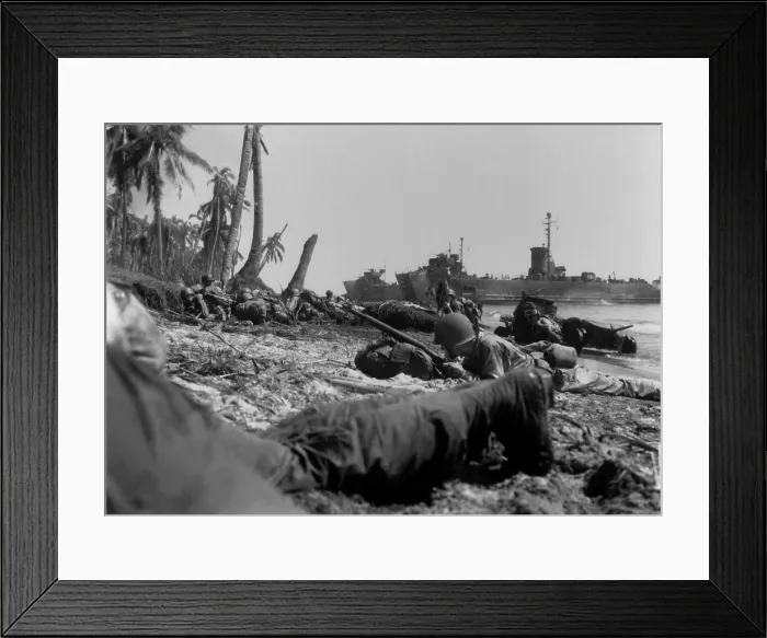 Framed Print : U.S. Sixth Army soldiers lie low on Leyte Island's beach, but they met little Japanese opposition. Landing barges are in the distance. Oct. 20, 1944 Framed Print : U.S. Sixth Army soldiers lie low on Leyte Island's beach, but they met little Japanese opposition. Landing barges are in the distance. Oct. 20, 1944