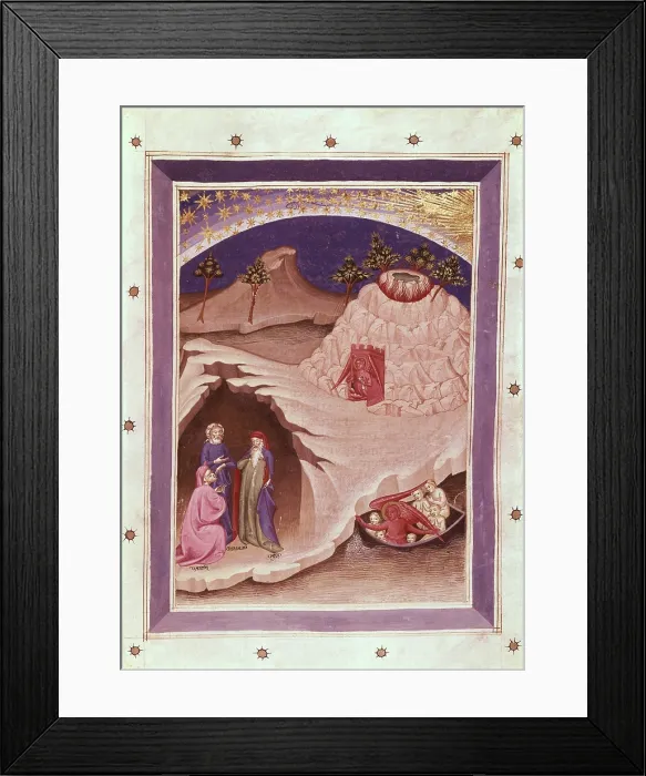 Framed Print : DANTE ALIGHIERI (1265-1321). The Divine Comedy. s.XIV. Dante, Virgil and Cato. Boat with an angel and six souls. Gothic art. Miniature Painting. SPAIN. Madrid. National Library