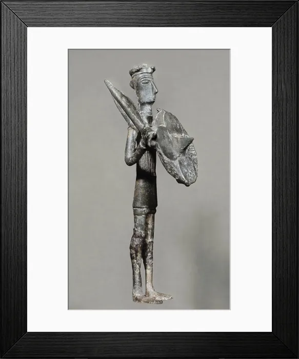 Framed Print : Warrior with sword and shield. 1700 -1500 BC. Bronze Age. Nuraghic Culture. Sculpture on bronze. ITALY. Cagliari. National Archaeological Museum of Cagliari. Proc: ITALY