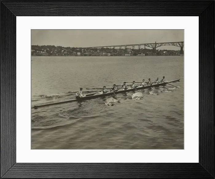 Framed Print : University of Pennsylvania varsity crew in the Hudson River at Poughkeepsie, June 20, 1922. They are training for the Annual Intercollegiate Rowing Regatta. (BSLOC_2015_17_144)