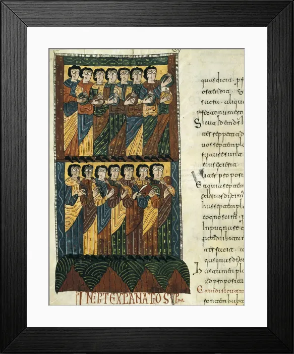 Framed Print : Escorial Beatus. 950 - 955. Cod & II. 5. Folio 122v. The Chosen of Apocalypse. At the bottom, musicians playing the Byzantine lyra