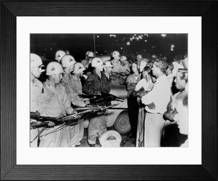 Framed Print : Integration of Clinton High School. National Guardsmen hold a segregationist White mob at bay with fixed bayonets, in front of the Anderson County Court House, Sept. 2, 1956 Framed Print : Integration of Clinton High School. National Guardsmen hold a segregationist White mob at bay with fixed bayonets, in front of the Anderson County Court House, Sept. 2, 1956
