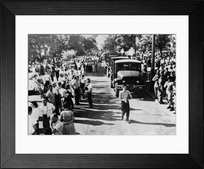 Framed Print : Little Rock High School integration. A crowd of students, sightseers, and the reporters gathered outside Central High School in Little Rock