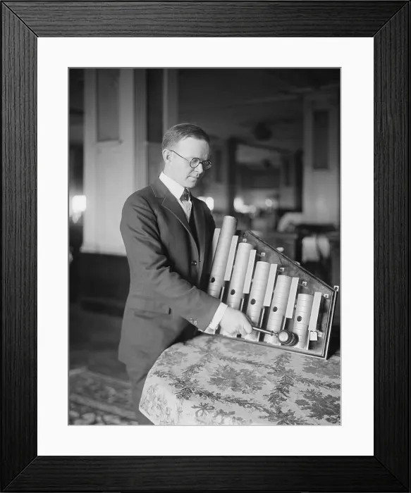Framed Print : NBC Announcer Lambdin Kay playing the famous NBC chimes, ca. 1926-29. (BSLOC_2015_17_151)