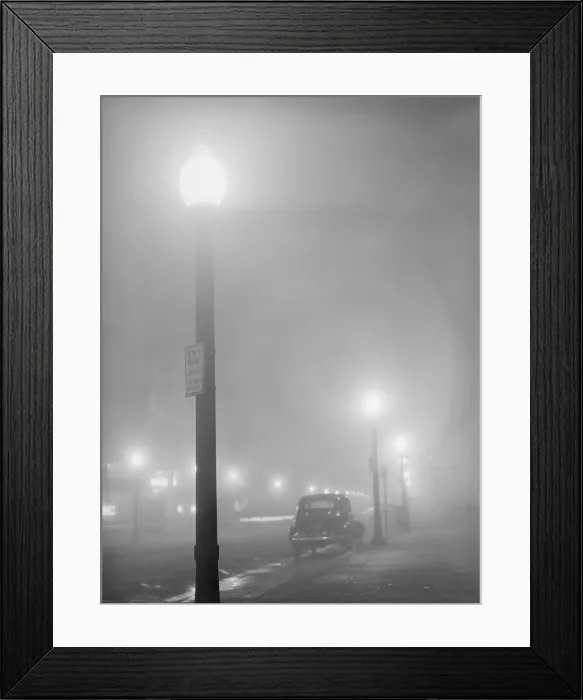 Framed Print : Street lights glow on a foggy night in New Bedford, Massachusetts, Jan. 1941 Framed Print : Street lights glow on a foggy night in New Bedford, Massachusetts, Jan. 1941