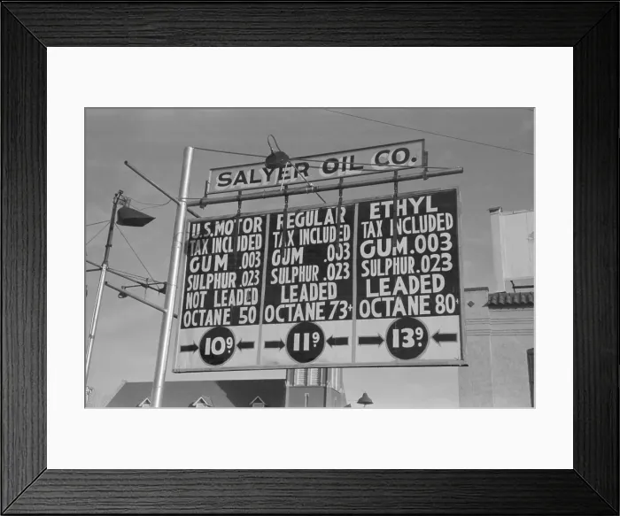 Framed Print : Filling station displays the prices and chemical analysis of gasoline. Oklahoma City, Feb. 1940 Framed Print : Filling station displays the prices and chemical analysis of gasoline. Oklahoma City, Feb. 1940