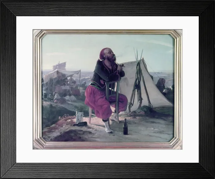 Framed Print : Zouave at a bivouac (Zuavo al bivacco), by Luigi Campini, 19th Century, oil on canvas - Private collection. Whole artwork view