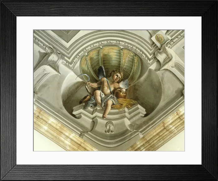 Framed Print : Putto with ears of wheat and sickle (Putto con spighe di grano e falce), by Giacomo Zampa, 18th Century, fresco - Italy, Emilia Romagna, Forl, Lombardini Monsignani Palace