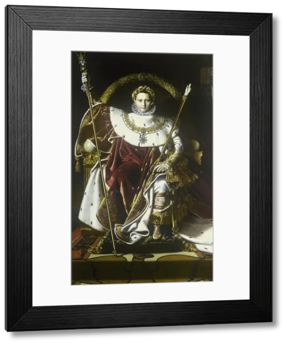 Framed Print : Napoleon I on the Imperial Throne, by Jean Auguste Dominique Ingres, 1806, 19th Century, oil on canvas, 260 x 163 cm - France, Paris, Muse de l'Arme. Whole artwork view