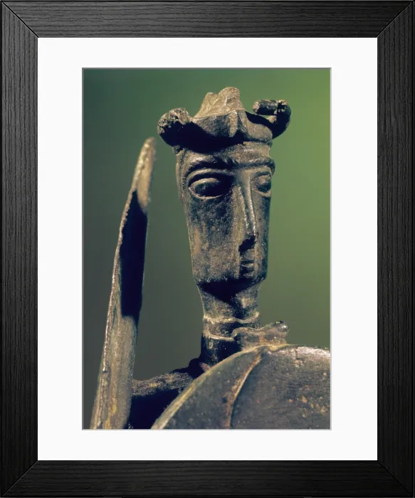 Framed Print : Warrior with sword and shield, 9th - 6th Century b.C. bronze, 24 cm h - Italy, Sardinia, Cagliari, National Archeological Museum. Detail