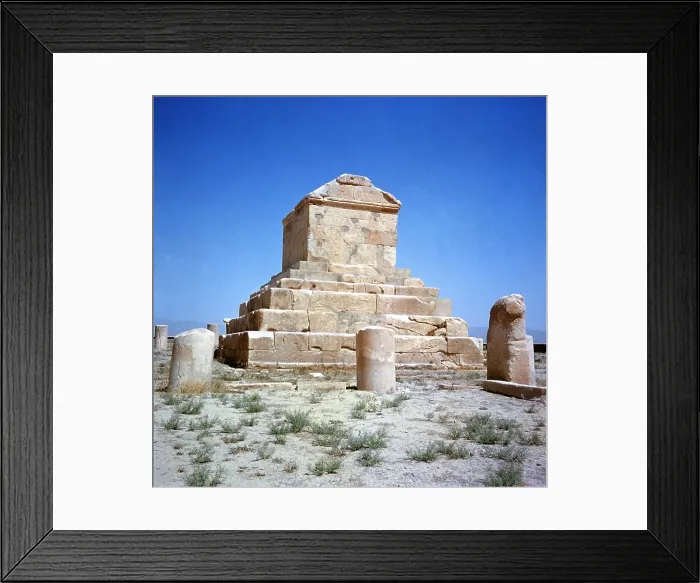 Framed Print : Grave of Cyrus the Great, befor 530 b.C. 6th Century b.C. stone, 11 x 13 x 12 m - Asia, Iran, Pasargadae. Whole building view. View of the tomb of Cyrus the Great, Persian king