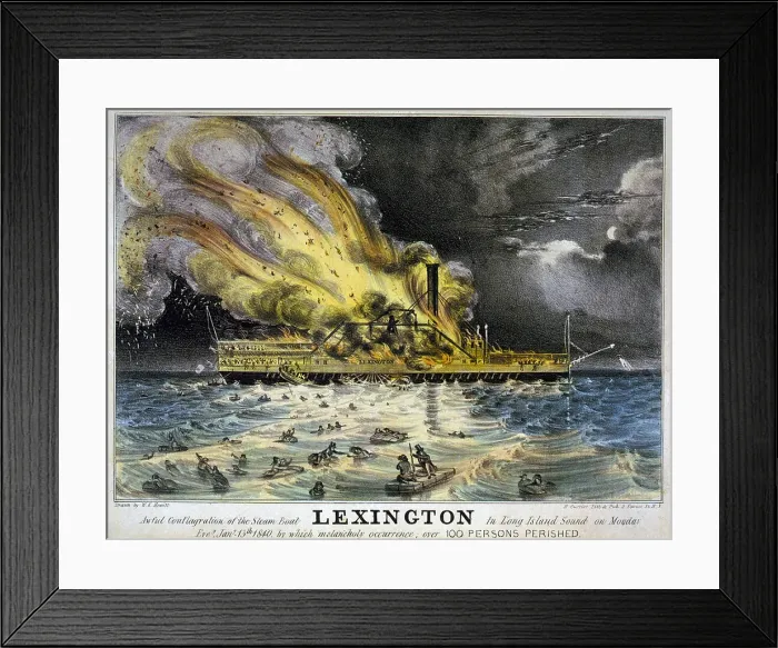Framed Print : Disastrous fire on steam boat Lexington in Long Island Sound on January 13 1840 killing all but 4 of its 143 passengers