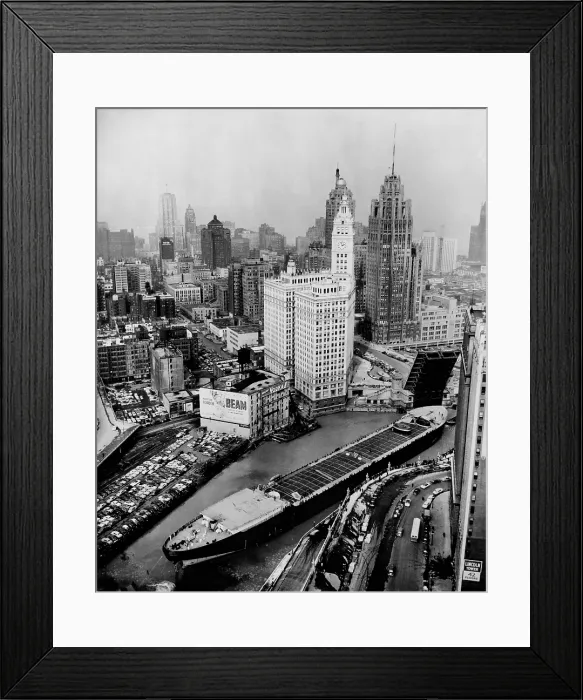Framed Print : Aerial view of the cargo ship MARINE ANGEL the largest vessel to travel the Mississippi River and the Illinois Waterway as it rounds a bend in the Chicago River Chicago Illinois