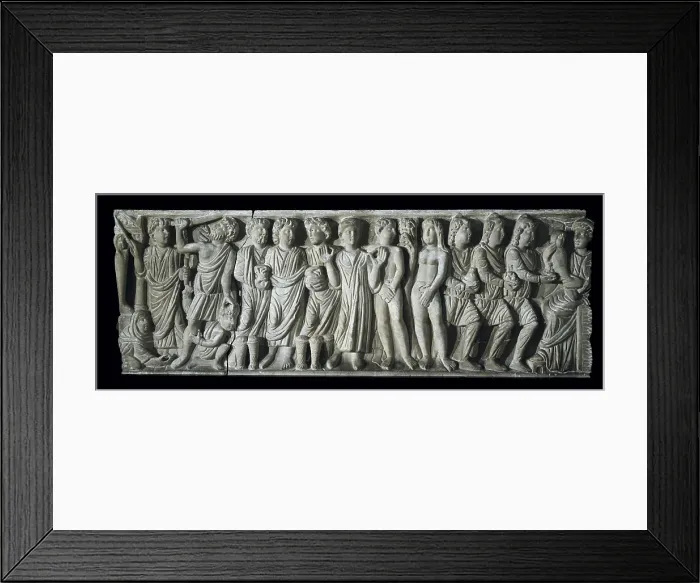 Framed Print : Front of the sarcophagus of Layos with a depiction of Biblical scenes. Decoration shaped as frieze. Constantinian era. 4th c. Paleo-christian art. Relief on marble. SPAIN Framed Print : Front of the sarcophagus of Layos with a depiction of Biblical scenes. Decoration shaped as frieze. Constantinian era. 4th c. Paleo-christian art. Relief on marble. SPAIN