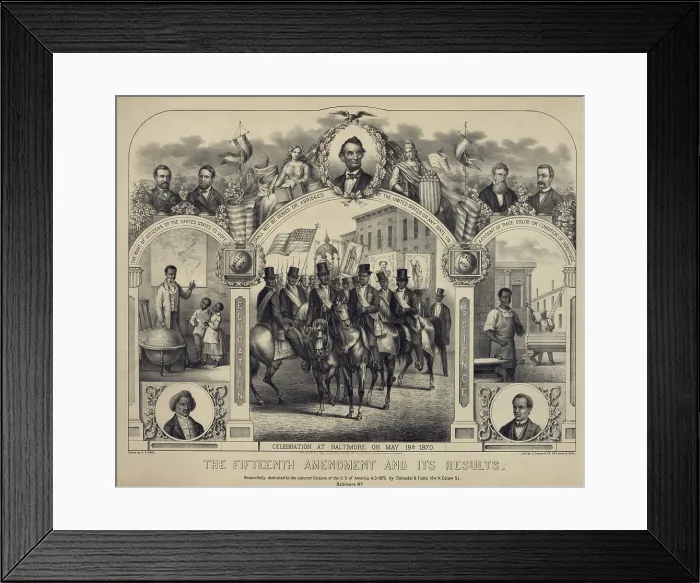 Framed Print : The Fifteenth Amendment banning voting discrimination was celebrated in this 1870 print. Central panel shows African American men, in a procession in Baltimore parade Framed Print : The Fifteenth Amendment banning voting discrimination was celebrated in this 1870 print. Central panel shows African American men, in a procession in Baltimore parade