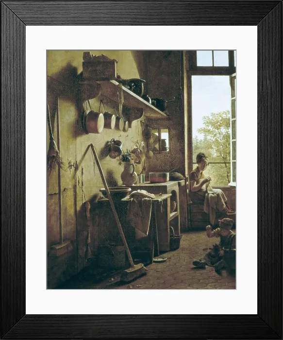 Framed Print : DROLLING, Martin (1752-1817). Interior of a kitchen. 1815. Left detail. The image represents a woman sewing and a boy playing in the interior of a kitchen. Academicism