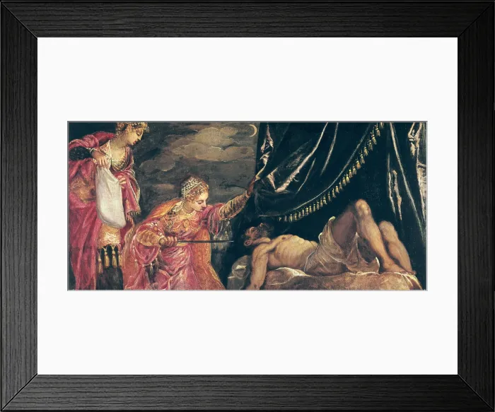 Framed Print : TINTORETTO, Jacopo Robusti, called Il (1518-1594). Judith and Holophernes. 1555. The heroine, the maid and Holofernes on his bed under the tent. Renaissance art. Cinquecento