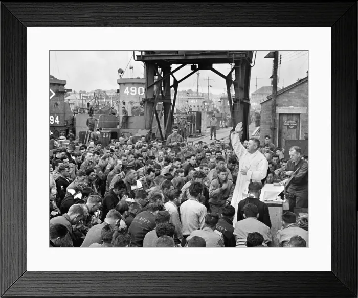 Framed Print : Catholic chaplain conducts services on a pier for first D-Day assault troops. Weymouth, England, June 6, 1944, World War 2. (BSLOC_2014_2_6) Framed Print : Catholic chaplain conducts services on a pier for first D-Day assault troops. Weymouth, England, June 6, 1944, World War 2. (BSLOC_2014_2_6)
