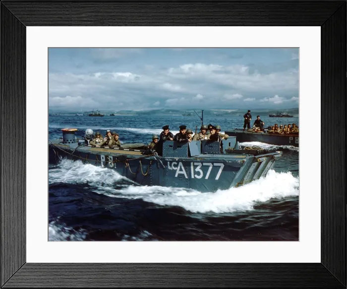 Framed Print : Landing craft carrying U. S. Rangers off the English coast near Weymouth. In the boats rear is a medical unit which includes a chaplain. Ca. June 1944. World War 2 Framed Print : Landing craft carrying U. S. Rangers off the English coast near Weymouth. In the boats rear is a medical unit which includes a chaplain. Ca. June 1944. World War 2