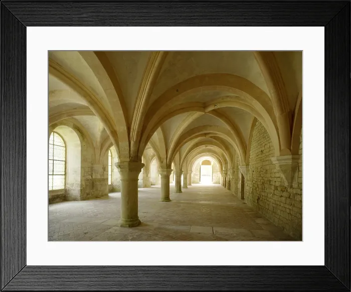 Framed Print : FRANCE. Bitis. Abbey of Fontenay. Cistercian monastery founded in 1119 by Bernardo de Claraval. Chapter house with a groin vault. Romanesque art. Architecture Framed Print : FRANCE. Bitis. Abbey of Fontenay. Cistercian monastery founded in 1119 by Bernardo de Claraval. Chapter house with a groin vault. Romanesque art. Architecture