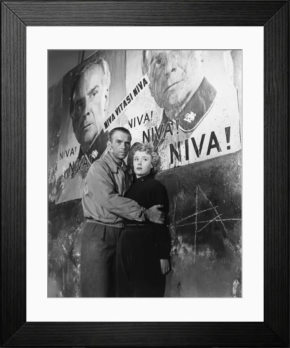 Framed Print : STATE SECRET, (aka THE GREAT MANHUNT), from left: Douglas Fairbanks Jr. Glynis Johns, Walter Rilla (on poster), 1950