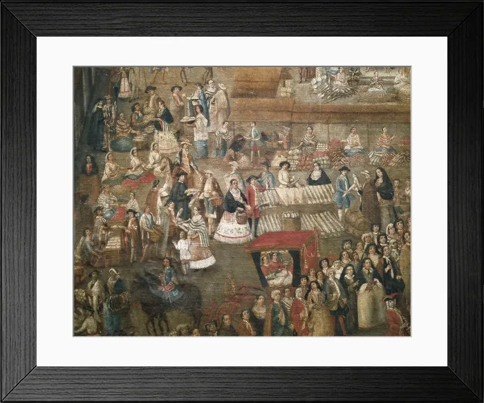 Framed Print : Plaza Mayor of Mexico City. ca. 1766. The viceroys's cortege crossing in a market day. Painting attributed to Juan Antonio Prado. Central detail. Colonial baroque. Painting
