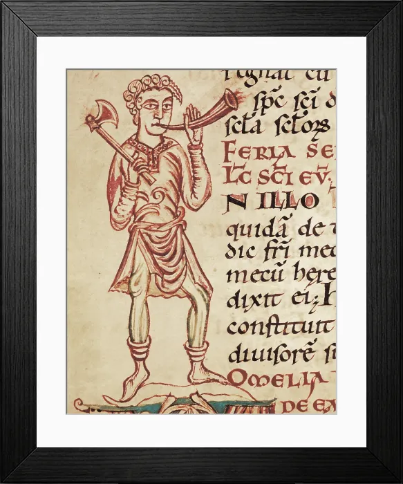 Framed Print : Lectionary of Cathedral of Reims: Character with an axe and a corn. French school, 11th century. Gothic art. FRANCE. Reims. Bibliothque Municipale (Municipal Library)