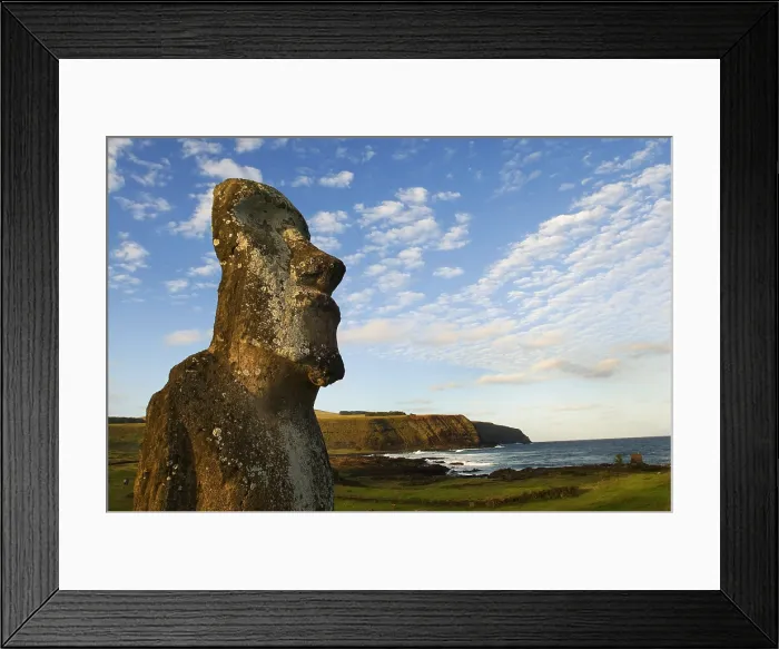 Framed Print : CHILE. VALPARAISO. Ahu Tongariki. Easter Island. Rapa Nui National Park. Ahu Tongariki. Detail of moais. Poike peninsula in the background