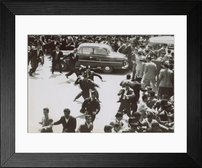 Framed Print : Iranian police assaulting school teachers attempting a sit-down strike for higher wages. 1961