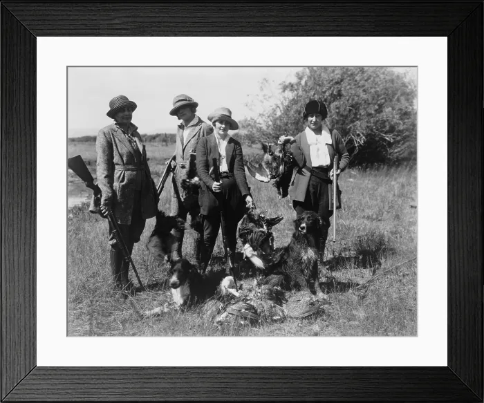 Framed Print : Five women hunters posed with their guns, dogs, and dead birds, ca. 1920. (BSLOC_2015_17_167) Framed Print : Five women hunters posed with their guns, dogs, and dead birds, ca. 1920. (BSLOC_2015_17_167)