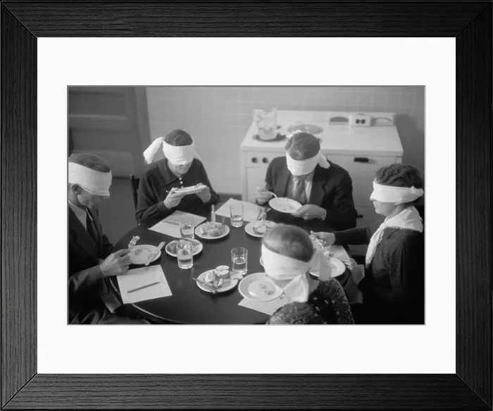 Framed Print : Blindfolded meat testers sampling meats produced on an experimental farm in Prince George's County, Maryland. August 1935 photo by Carl Mydans