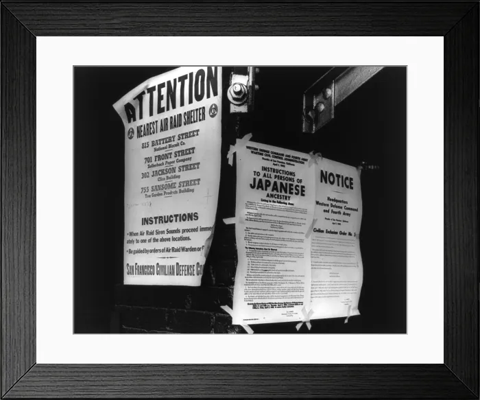 Framed Print : Three World War II public notices posted in San Francisco. One gives the locations of nearby air raid shelters