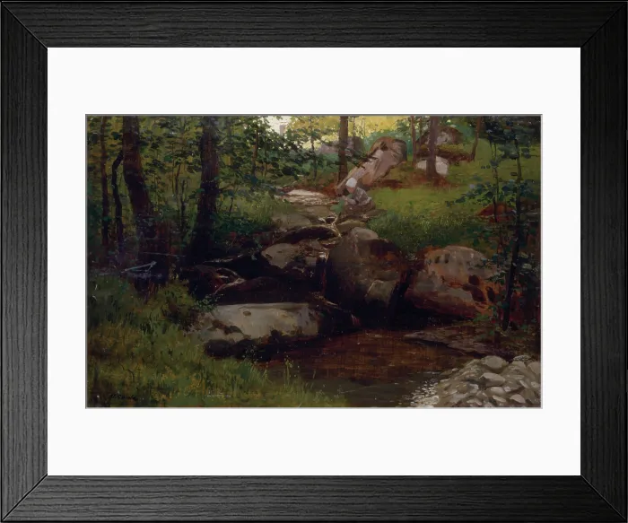 Framed Print : Laundress at a Torrent (Lavandaia al torrente), by Demetrio Cosola, 1875 - 1895, 19th Century, oil on board - Private collection. Whole artwork view