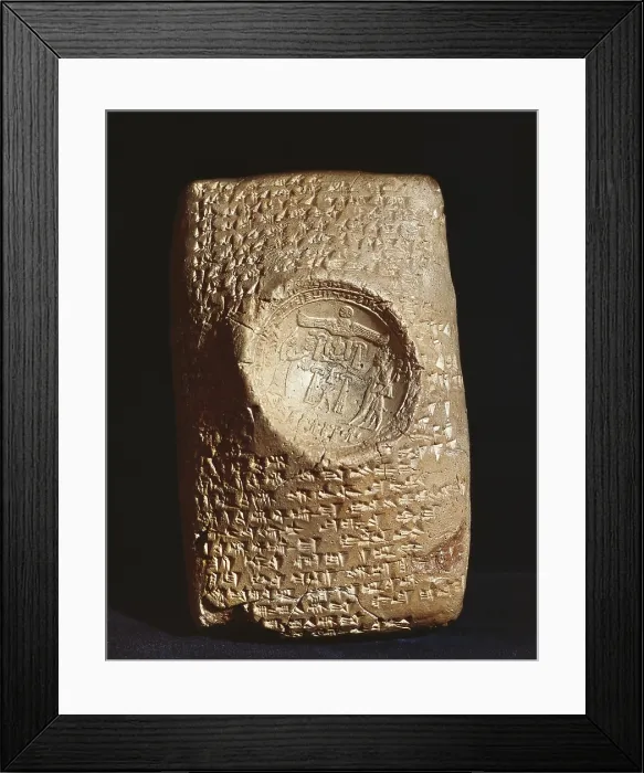 Framed Print : Babylonian Tablet. s.XIV BC. Tablet with syllabic cuneiform inscription. In the middle, the seal of the Hittite King Mursili II. Babylonian art. Relief. SYRIA. Damascus Framed Print : Babylonian Tablet. s.XIV BC. Tablet with syllabic cuneiform inscription. In the middle, the seal of the Hittite King Mursili II. Babylonian art. Relief. SYRIA. Damascus