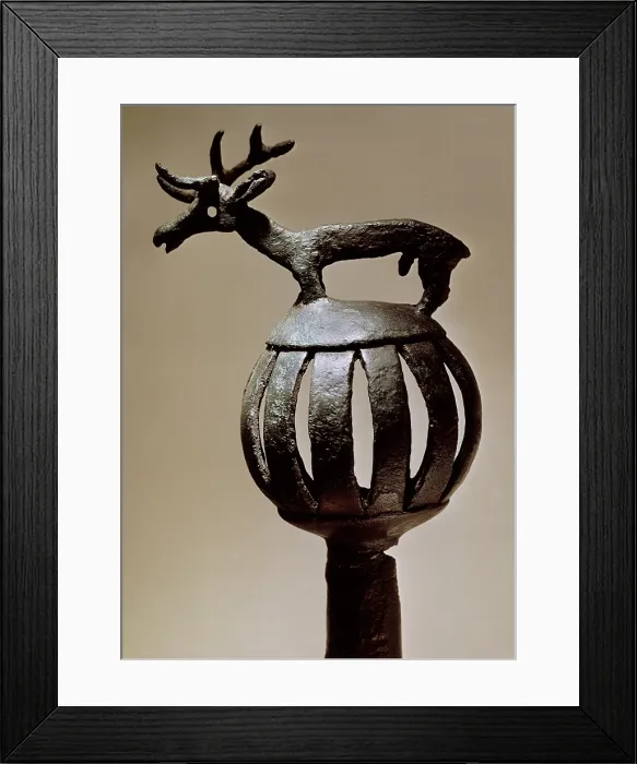 Framed Print : Stick handle with figure of a stag 7th BC. Bronze. Proceeds from Kuban, Russia. Scythian Art. Jewelry; Sculpture on bronze. RUSSIA. Saint Petersburg. State Hermitage Museum