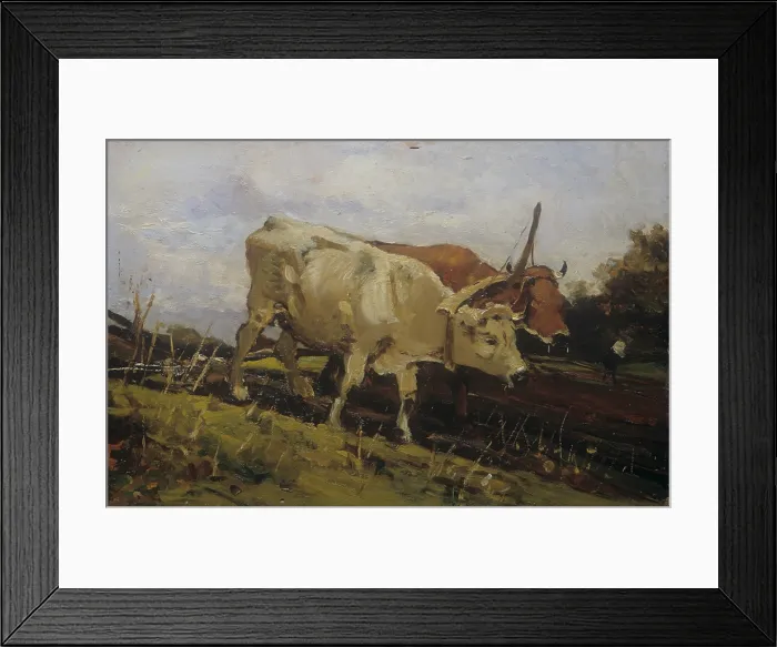 Framed Print : Plowing with Two Oxen (L'aratura con due buoi), by Demetrio Cosola, 1880 - 1895, 19th century, oil on board - Private collection. Whole artwork view