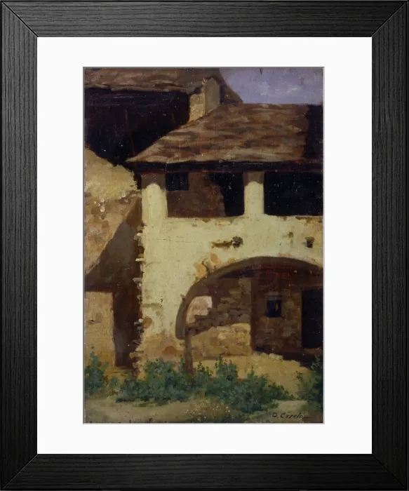 Framed Print : Country House (Casa di campagna), by Demetrio Cosola, 1870 - 1895, 19th Century, oil on board - Private collection. Whole artwork view. Sight of the courtyard of a homestead